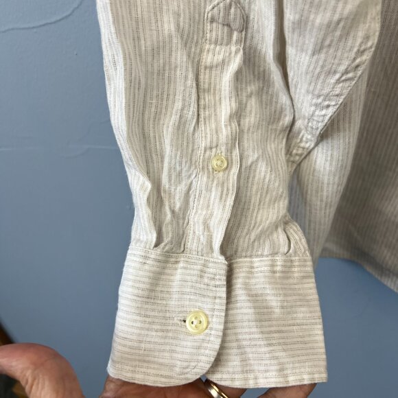 J. Crew 100% Linen Mens Button Up Shirt Size XL Subtle Tan Stripes - Picture 6 of 6